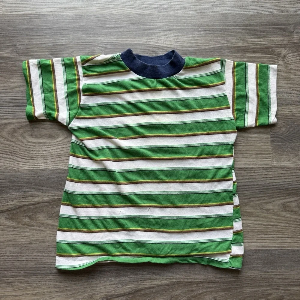 VTG 70s 80s Single Stitch Kids Green Striped Patterned T Shirt Beach Grunge L